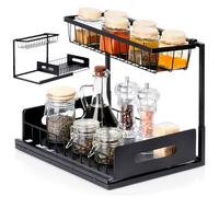 Vilde Étagère de cuisine avec tiroir extensible à deux étages, en métal, noire, 36 x 27 x 28,5 cm, étagère à épices, organisateur de cuisine, plan de travail, étagère sur pied