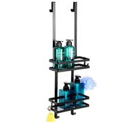 VILDE Étagère Douche 2 niveaux - Métal noir, crochets inclus, montage sans perçage, style loft industriel