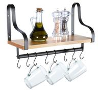 VILDE Étagère Murale avec Rail et 8 Crochets - Métal Noir et Bois Naturel - Polyvalente pour Cuisine, Salle de Bain, Bureau