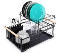 VILDE Loft Égouttoir à vaisselle 2 niveaux - Métal inoxydable noir - poignées en bois - bac amovible