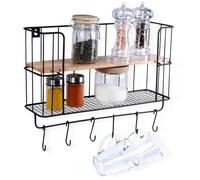 VILDE Loft Étagère murale 2 plateaux - Métal noir mat et bois - 6 crochets - Installation facile, style industriel