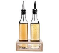 VILDE Lot de 2 bouteille à huile et vinaigre - Bouteille avec distributeur en verre avec support en bois
