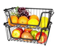 VILDE Lot de 2 paniers en métal noir - Style industriel, empilables, avec poignées - Idéal pour fruits, légumes et rangement