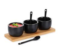 VILDE Lot de 7 Bols à apéritif - en céramique avec cuillères sur plateau en bambou - Idéal pour snacks et sauces - Noir