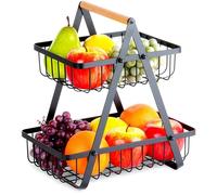 VILDE Panier à fruits 2 Étages - Corbeille à Fruits - Métal noir mat - avec poignées en bois - 27x17,5x29 cm