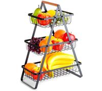 VILDE Panier à fruits 3 Étages - Métal Noir Mat avec Poignée en Bois - Design Tendance Style Industriel