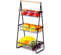 VILDE Panier à fruits 3 Niveaux - Métal Noir Mat avec Poignée en Bois - Design Tendance Style Industriel