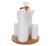 VILDE Set de Condiments en Porcelaine 5 pièces - Support en bois bouchons en liège compatible lave-vaisselle