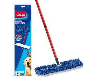 Vileda Balai Microfibre Flip Mop Pet Pro, Rouge, Grand | Ramasse jusqu'à trois fois plus de poils d'animaux, fonction de rabat pour un nettoyage 2 en 1, tête lavable en machine