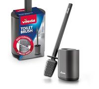 Vileda Brosse WC en Silicone avec tête Flexible, poignée en Acier Inoxydable et Support Mural - Brosse WC avec Zones de Nettoyage 2 en 1 et Couvercle - Hygiénique et Rapide - Inoxydable - Gris