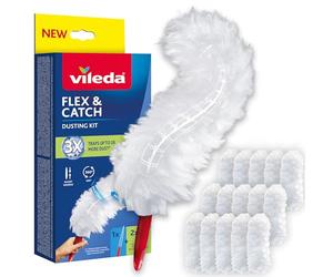 Vileda Flex&Catch kit plumeau avec Manche Court et 15 recharges, Capture Jusqu’à 3X Plus de poussière Qu’Un plumeau Classique, Crochet de Fixation