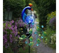 Vilgftyiet Lampe de jardin en forme de paon à énergie solaire avec design en métal vif, éclairage orbe bleu et étanchéité IP65 pour décoration extérieure pour cour, allée ou parterre de fleurs