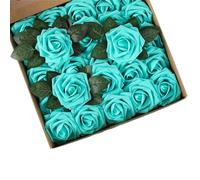 Vilgftyiet Lot de 25 roses artificielles en mousse souple pour bouquets de mariage et décoration de fête, violet, bleu, lavande, bleu marine, blanc, avec 8 feuilles bonus