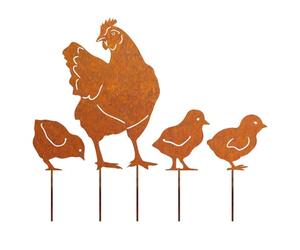 Vilgftyiet Lot de 4 piquets de jardin en forme de poule rouillée - Silhouette en fer forgé - Décoration extérieure pour pots de fleurs, pelouses, terrasses et balcons - 4 poules