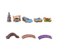 Vilgftyiet Lot de 8 mini décorations de jardin en résine pour jardin féérique, bonsaï et paysage zen avec phare, puits d'eau, pont en pierre et piscine en bois