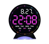 Vilgftyiet Réveil numérique LED avec lumière ambiante multicolore, affichage complet de l'heure, de la date, du jour, luminosité réglable, mode veille, secondes sautées, décoration de bureau de chevet