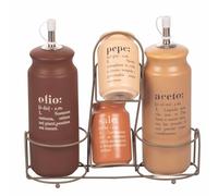 Villa d'Este Home Tivoli Ensemble d'huile, vinaigre, sel et poivre en grès, stand en acier inoxydable, chocolat, Victionary