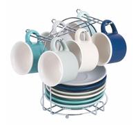 Villa d'Este Home Tivoli Lot de 6 tasses à café 90 ml avec soucoupe, en porcelaine New Bone China, support en fer, Shades of Ocean