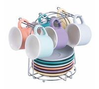 Villa d'Este Home Tivoli Lot de 6 tasses à café 90 ml avec soucoupe, en porcelaine New Bone China, support en fer, Daily