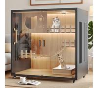 Villa d'intérieur moderne de luxe pour chat en bois pour portes de ventilation, niche multifonction avec roues verrouillables et verre trempé (sans litière) (noir, 90 x 90 x 60 cm)