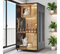 Villa d'intérieur moderne de luxe pour chat en bois pour portes de ventilation, niche multifonction avec roues verrouillables et verre trempé (sans litière) (noir, 60 x 60 x 120 cm)