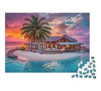 Villa Île Tropicale Puzzle 1000 Pièces Papier pour Adultes Paysage du Soleil Couchant Puzzle en Famille Relaxation Décoration 38x26cm/1000pcs