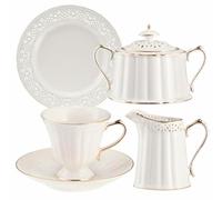 VILLA ITALIA Clara Or Ivoire Service À Café en Porcelaine Crème Pour 6 Personnes - Avec Détails Dorés, Assiettes À Dessert de 19 cm, Sucrier, Crémier, Assiette À Gâteau et Soucoupes