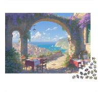 Villa Méditerranéenne Saint-Valentin Puzzle Cadeau 1000 Pièces pour Adultes Arche Florale Encadrant Un Panorama Époustouflant de Ville Océane Premium Haute Qualité Défiant Anti-Stress 70x50cm/1000pcs