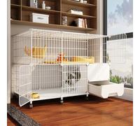 Villa pour chat avec bac à litière et roues, niche amovible à monter soi-même, parc fermé pour chats d'intérieur - Design spacieux pour plus de confort et de sécurité