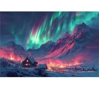 Village 5D Peinture Diamant Complet Adulte, Aurores Boréales Diamond Painting Bricolage Cristal Strass Point De Croix Artisanat Mosaique kit de Broderie au décoration Murale pour la Maison, 40x50cm