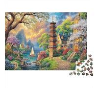 Village au Bord de la rivière Puzzle Premium 1000 Pièces en Carton Épais Pagode à Plusieurs Niveaux pour Grands-Parents Entraînement Cognitif Activité Intérieure 70x50cm/1000pcs