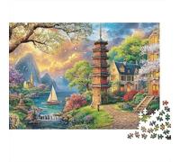 Village de Montagne 1000 Piece Sturdy Cardboard Pagoda Lake Imprimer Jigsaw Puzzle Adults Kids Fun Challenging Game Beautiful Home Decor for Family 38x26cm/1000pcs