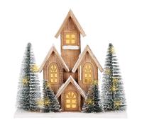 Village de Noël à LED en bois avec minuterie - 32 x 30 cm - Décoration de table de Noël - Blanc chaud - Fonctionne avec piles - Décoration de l'Avent