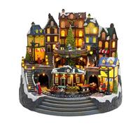 Village de Noël avec lumières LED musicales, train rotatif et arbre de Noël, mini décoration de village alimentée par USB et piles