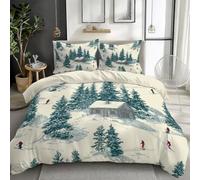 Village Dessiné Main Flanc Colline Avec Arbres 3D Imprimé Housse de Couette Parure de Lit 2 Personnes 200 x 200 cm, Crème Microfibre Ensemble de Literie avec Housses de Couettes Taies d'oreillers