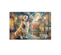 Village éclairé par la lune 1 Pièce Corgi assis rue Cobblestone pleine lune Art Mural Encadré Office Canvas Print Résistant À La Décoloration Space Transformer Prêt À Accrocher 12x18inch(30x45cm)