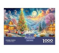 Village enneigé avec des Maisons éclairées, Un Arbre et la traîne de Saint-Nicolas Puzzle De 1000 Pièces Christmas Style Amusement De Jeu d'esprit pour Adultes Et Enfants 70x50cm/1000pcs