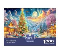 Village enneigé avec des Maisons éclairées, Un Arbre et la traîne de Saint-Nicolas Puzzle De 1000 Pièces Christmas Style Puzzles Classiques pour Enfants Et Adultes 52x38cm/1000pcs