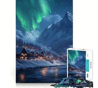 Village enneigé sous aurores boréales Puzzle de 1000 pièces pour Adultes Jeu de réflexion Image Douce et relaxante Assembler Joli Cadeau (38x26cm)