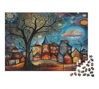 Village Nocturne féérique, Ville Fantastique et colorée avec Arbre dénudé, Puzzle de 1000 pièces pour Adultes, activité Amusante pour Les Jours de Pluie, 38 x 26 cm.