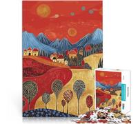 Village sous Le Ciel Rouge Puzzles 1000 pièces pour Adolescents Impossible Décoration Murale, Cadeaux Uniques pour Anniversaire et Noël 38x26cm