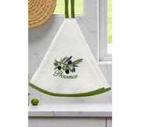 Villages de Provence - Lot de 2 Torchon Essuie Mains New Olivier - Rond avec Attache - Blanc- Motifs Brodés - 100% Coton - Ø 65 cm de diamètre - Cuisine ou Salle de Bain - Lavable en Machine