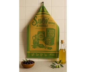 Villages de Provence - Lot de 3 Torchons Jacquard tissés 100% Coton - Savon de Marseille - Vert - 50x70 cm - Lavable en Machine