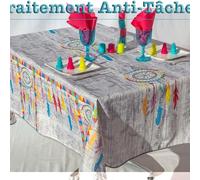 Villages de Provence - Nappe Antitache Rectangulaire - Infroissable et 100% Polyester - Gris Clair - 130x150 cm - Indien Attrape Rêve - 4 Couverts - Intérieur ou Extérieur
