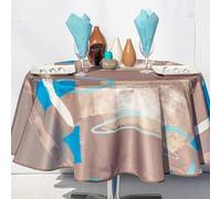 Villages de Provence - Nappe Antitache Ronde - Infroissable et 100% Polyester - Taupe - Ø 180 cm - Terre Géo - 6/8 Couverts - Intérieur ou Extérieur - Table à Manger, Cuisine ou Jardin