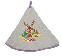 Villages de Provence - Torchon Essuie Mains Moulin - Rond avec Attache - Gris Clair - Motifs Brodés - 100% Coton - Ø 65 cm de diamètre - Cuisine ou Salle de Bain - Lavable en Machine