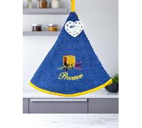 Villages de Provence - Torchon Essuie Mains Un Savon - Rond avec Attache - Bleu - Motifs Brodés - 100% Coton - Ø 65 cm de diamètre - Cuisine ou Salle de Bain - Lavable en Machine