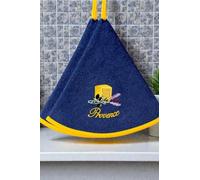 Villages de Provence - Torchon Essuie Mains Un Savon - Rond avec Attache - Motifs Brodés - 100% Coton - Ø 65 cm de diamètre - Cuisine ou Salle de Bain - Lavable en Machine (Bleu Jean, Lot de 2)