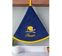 Villages de Provence - Torchon Essuie Mains Un Savon - Rond avec Attache - Motifs Brodés - 100% Coton - Ø 65 cm de diamètre - Cuisine ou Salle de Bain - Lavable en Machine (Bleu Jean, Unité)