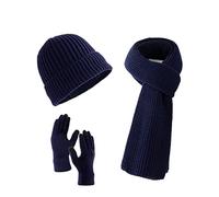 Villand Lot de 3 chapeaux écharpe avec gants à écran tactile pour homme et femme, ensemble unisexe pour temps froid avec doublure polaire et sac cadeau (Bleu)